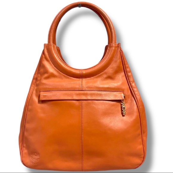 MCM Handbags - MCM Vintage Cognac Orange Leather Hobo Bag | Logo Charm | Made in Hong Kong